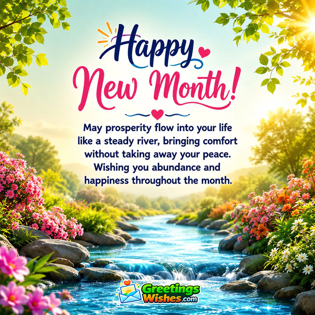 Happy New Month Prosperity and Abundance Wish Image featuring a clear flowing river surrounded by vibrant flowering plants, smooth rocks and warm morning sunlight, symbolising steady prosperity, comfort, peace and happiness.