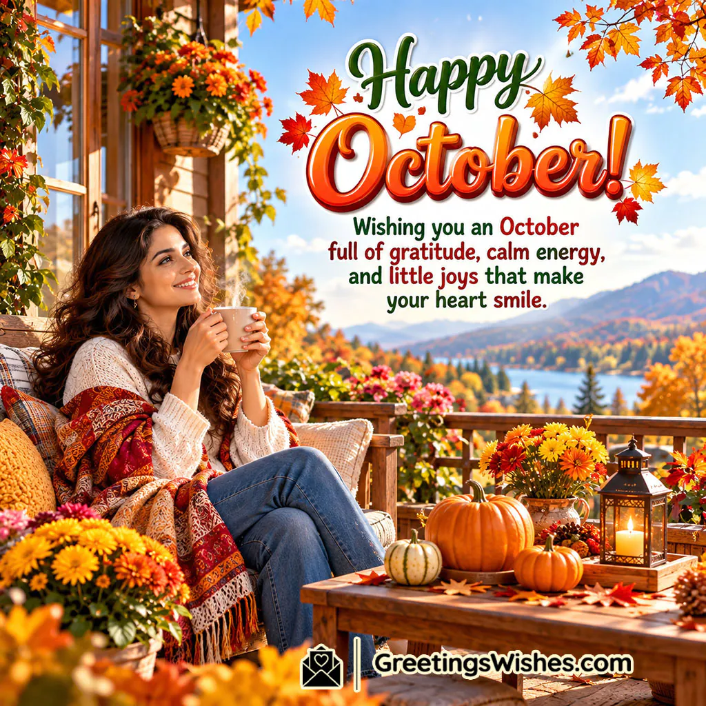 Happy October Wishes For Gratitude And Joy featuring a woman relaxing with a warm drink on a flower-filled terrace overlooking autumn mountains and a lake, with pumpkins and lanterns nearby, symbolising gratitude, calmness, and simple seasonal happiness.