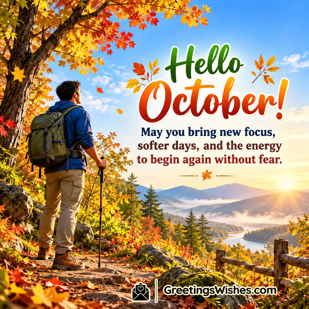 Hello October Greetings For A Fresh Start featuring a man hiking through an autumn forest with trekking poles, colourful maple trees, mountains, a lake, and morning sunlight, symbolising new focus, courage, fresh energy, and starting again.