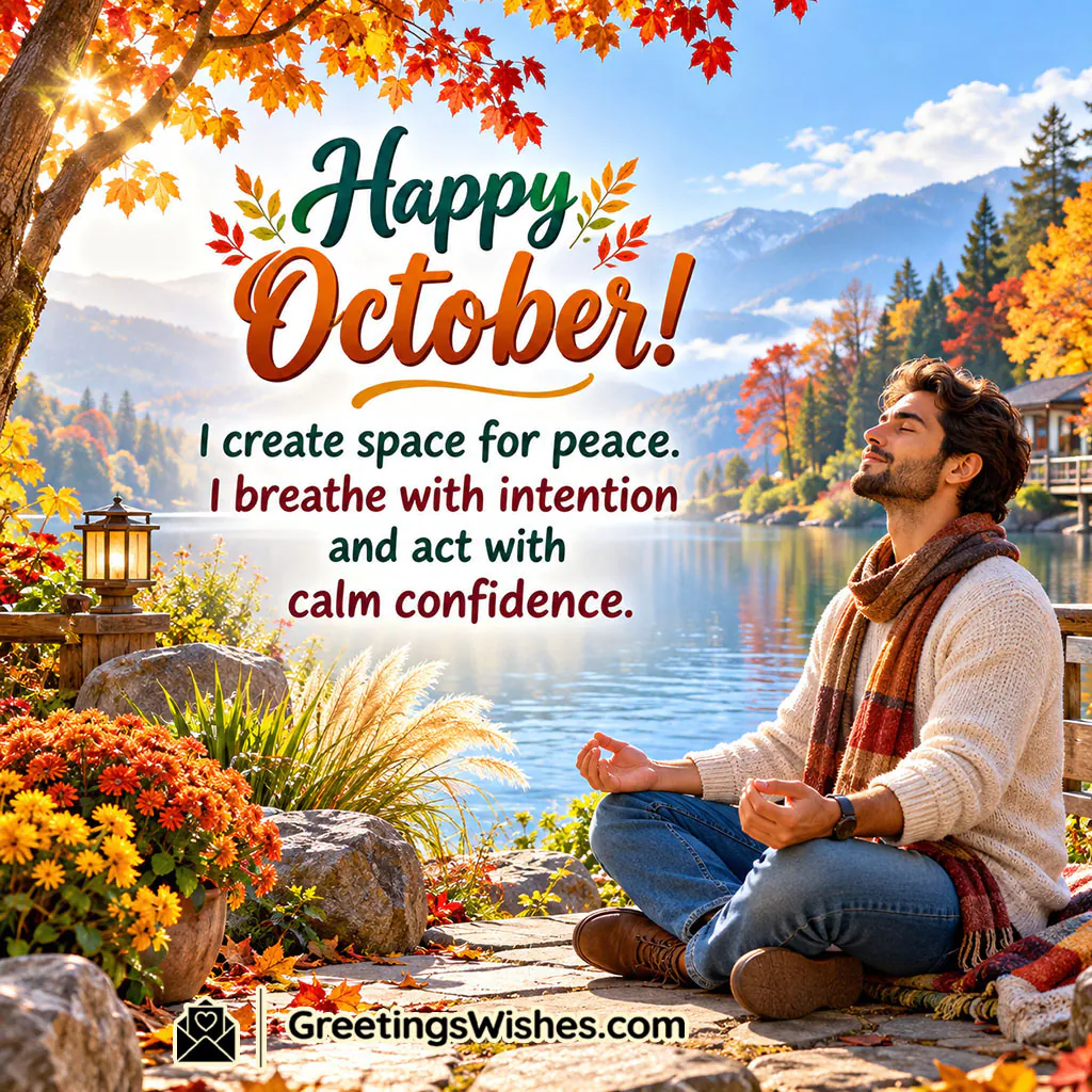 October Affirmation For Peace And Calm Confidence featuring a man meditating beside a peaceful mountain lake surrounded by autumn trees, flowers, rocks, and lanterns, symbolising intentional breathing, inner peace, self-belief, and calm confidence.