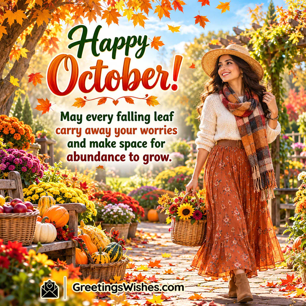 October Blessings For Peace And Abundance featuring a woman carrying a basket of flowers through a colourful autumn garden filled with pumpkins, flowers, fallen leaves, and baskets of seasonal produce, symbolising letting go of worries, abundance, and new growth.