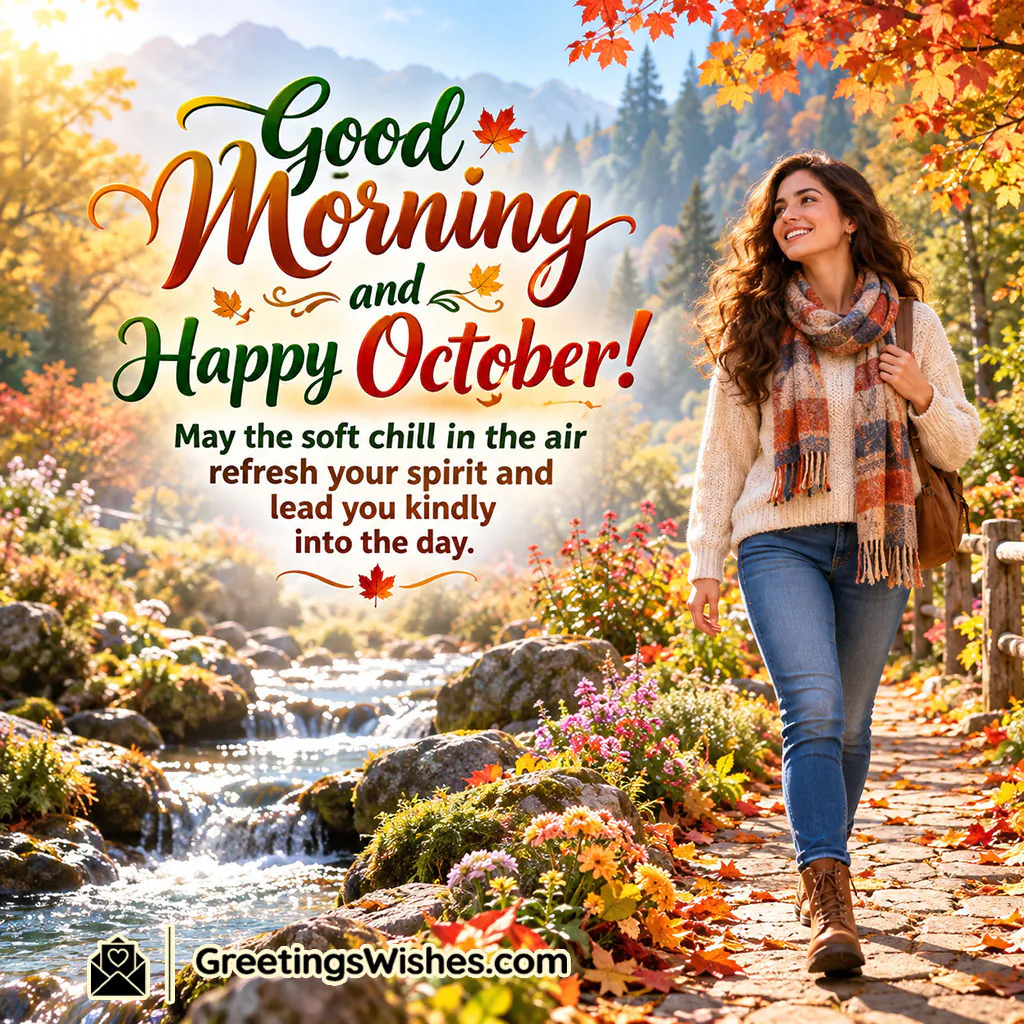 October Good Morning Wishes For A Peaceful Day featuring a woman walking beside a flowing stream through an autumn landscape with colourful flowers, fallen leaves, rocks, and mountains, symbolising a refreshing morning, inner peace, and a gentle start to the day.