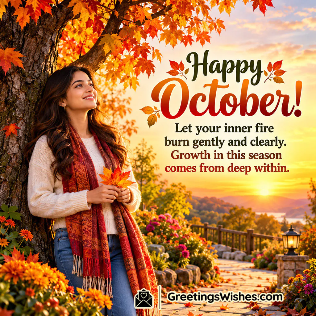 October Message For Personal Growth And Inner Strength featuring a woman standing beneath an autumn tree holding a fallen maple leaf, surrounded by flowers, lanterns, a garden path, mountains, and warm sunset light, symbolising inner strength, personal growth, and peaceful reflection.