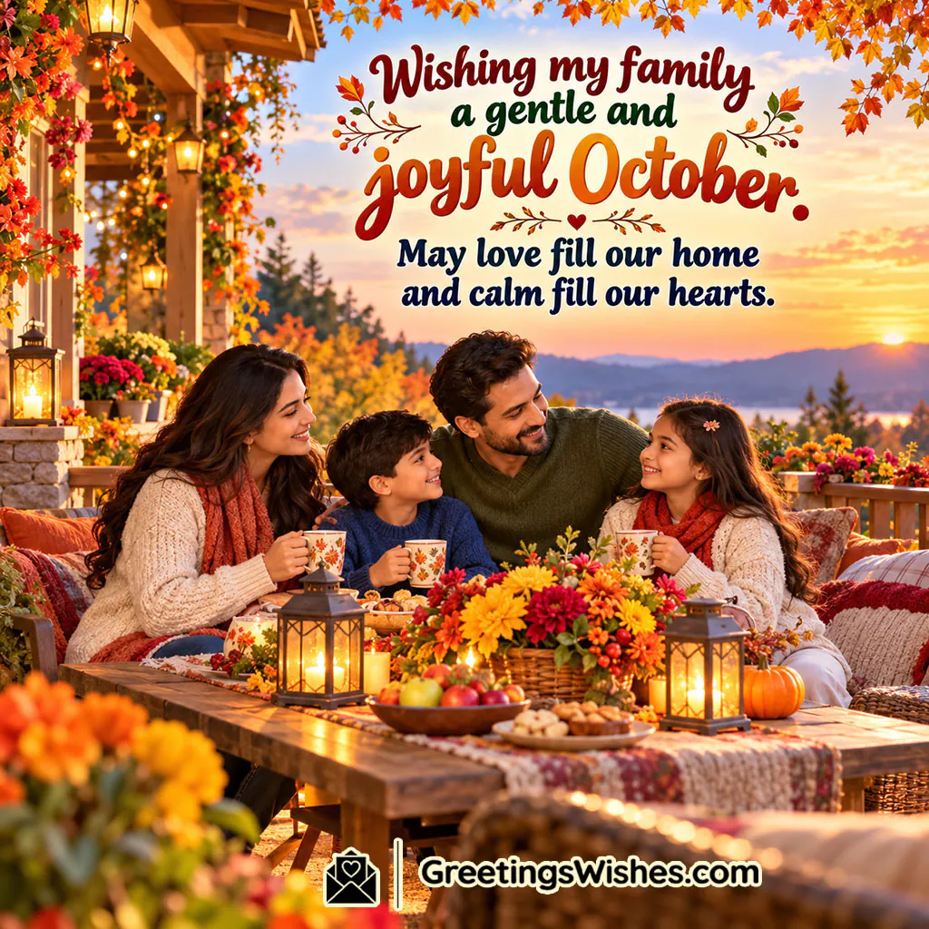October Wishes For Family Love And Togetherness featuring parents and two children enjoying warm drinks together on a decorated outdoor terrace surrounded by autumn flowers, lanterns, pumpkins, and mountain scenery, symbolising family love, comfort, and a peaceful home.