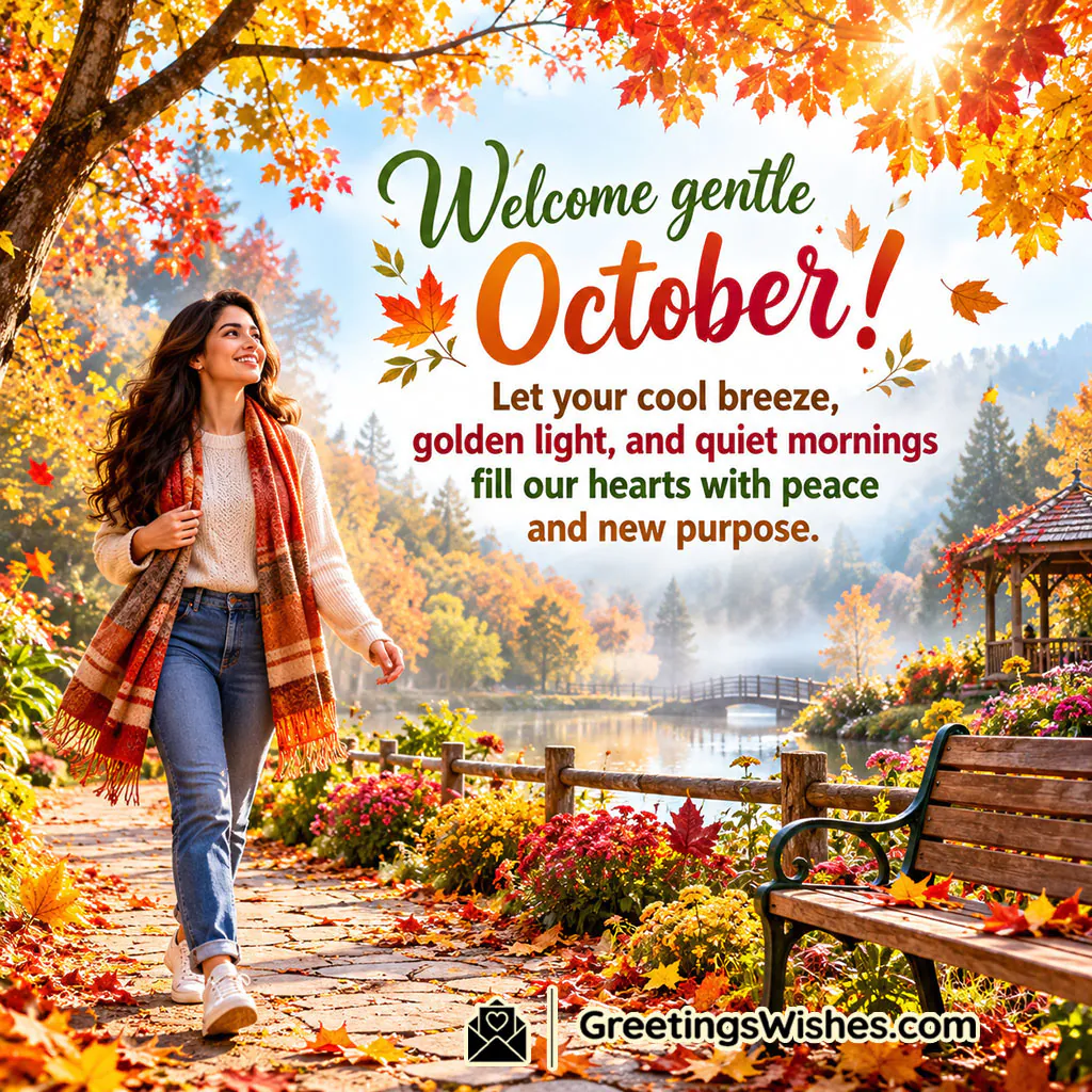 Welcome October Wishes For Peace And New Beginnings featuring a woman walking along an autumn lakeside path with colourful trees, fallen leaves, flowers, a wooden bench, and a sunlit misty landscape, symbolising peaceful moments, fresh beginnings, and renewed purpose.