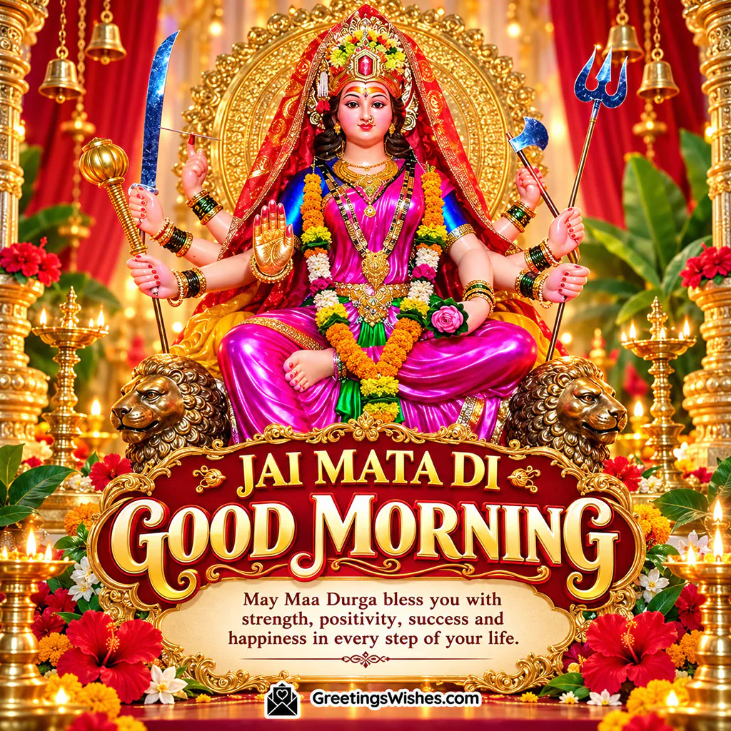 Good Morning Jai Mata Di Wishes Image featuring Goddess Durga in a pink saree on a golden throne, surrounded by diyas and flowers, symbolising strength, positivity, success and happiness.