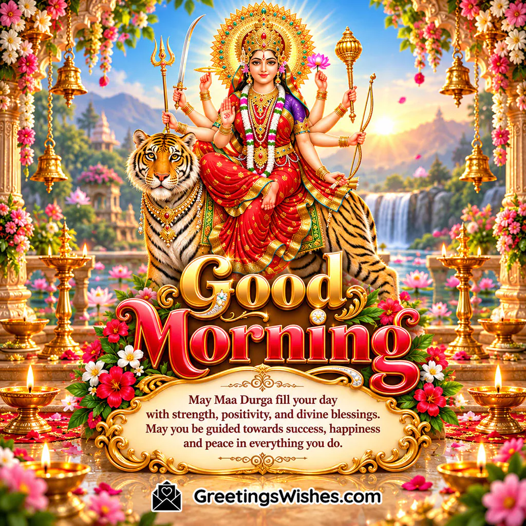 - Good Morning Maa Durga Blessing Wishes Image with Goddess Durga riding a tiger, colourful flowers, glowing diyas and wishes for strength, positivity, success and peace.