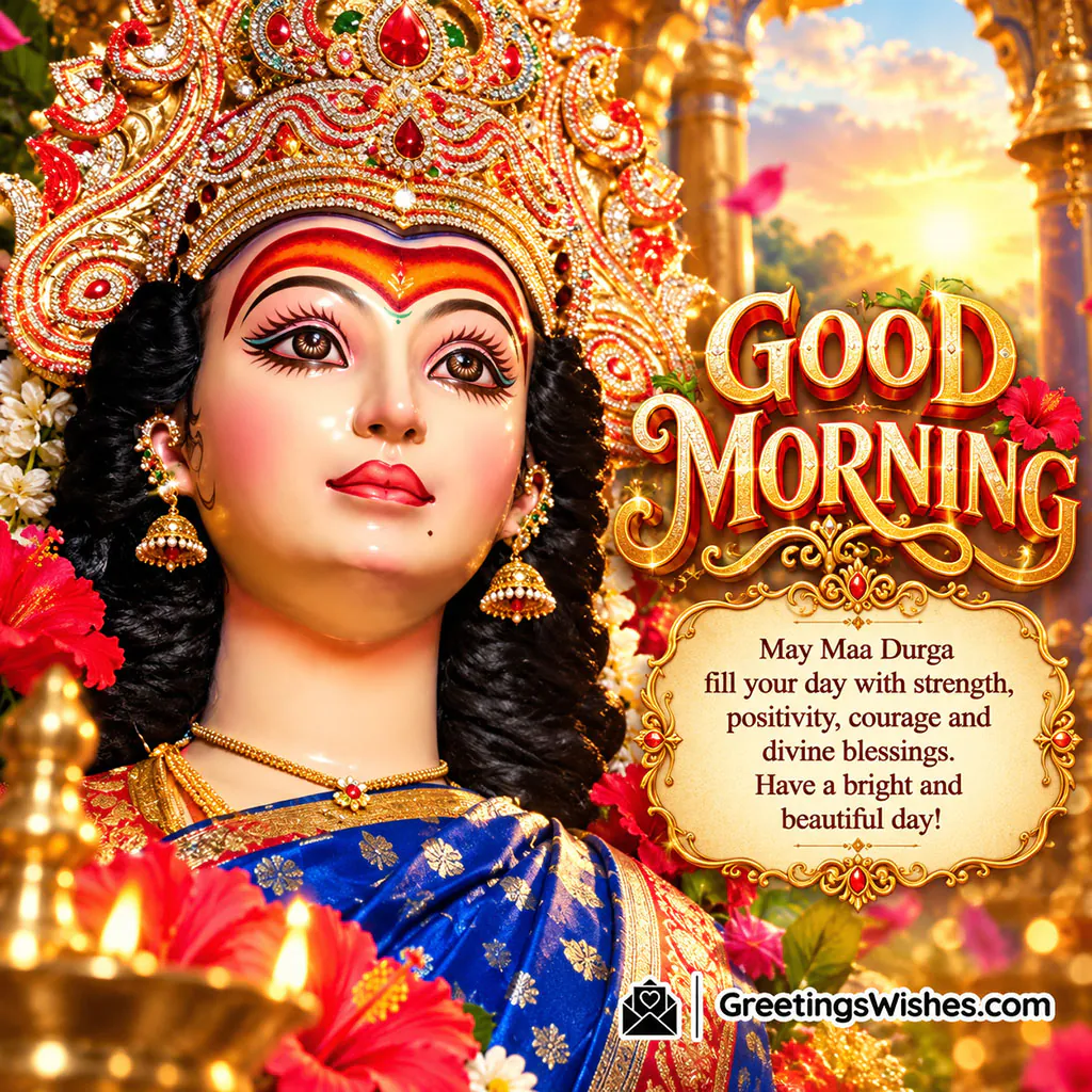 Good Morning Maa Durga Blessing Wishes Image showing the goddess in a blue saree with a golden crown, red flowers and wishes for strength, positivity, courage and divine blessings.
