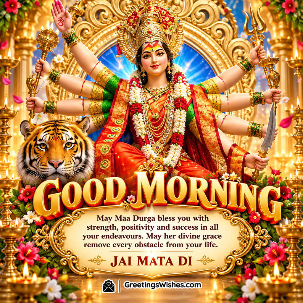 Good Morning Maa Durga Blessings Image with Goddess Durga, tiger, golden temple decorations and a message for strength, positivity and success.