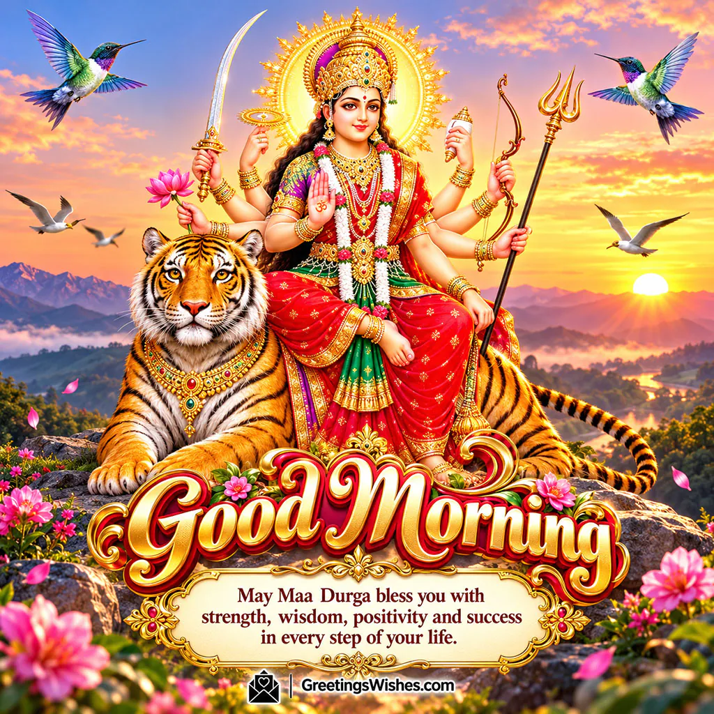 Good Morning Maa Durga Blessings Photo featuring Goddess Durga seated on a tiger against a colourful sunrise, with birds, mountains and wishes for strength, wisdom, positivity and success.