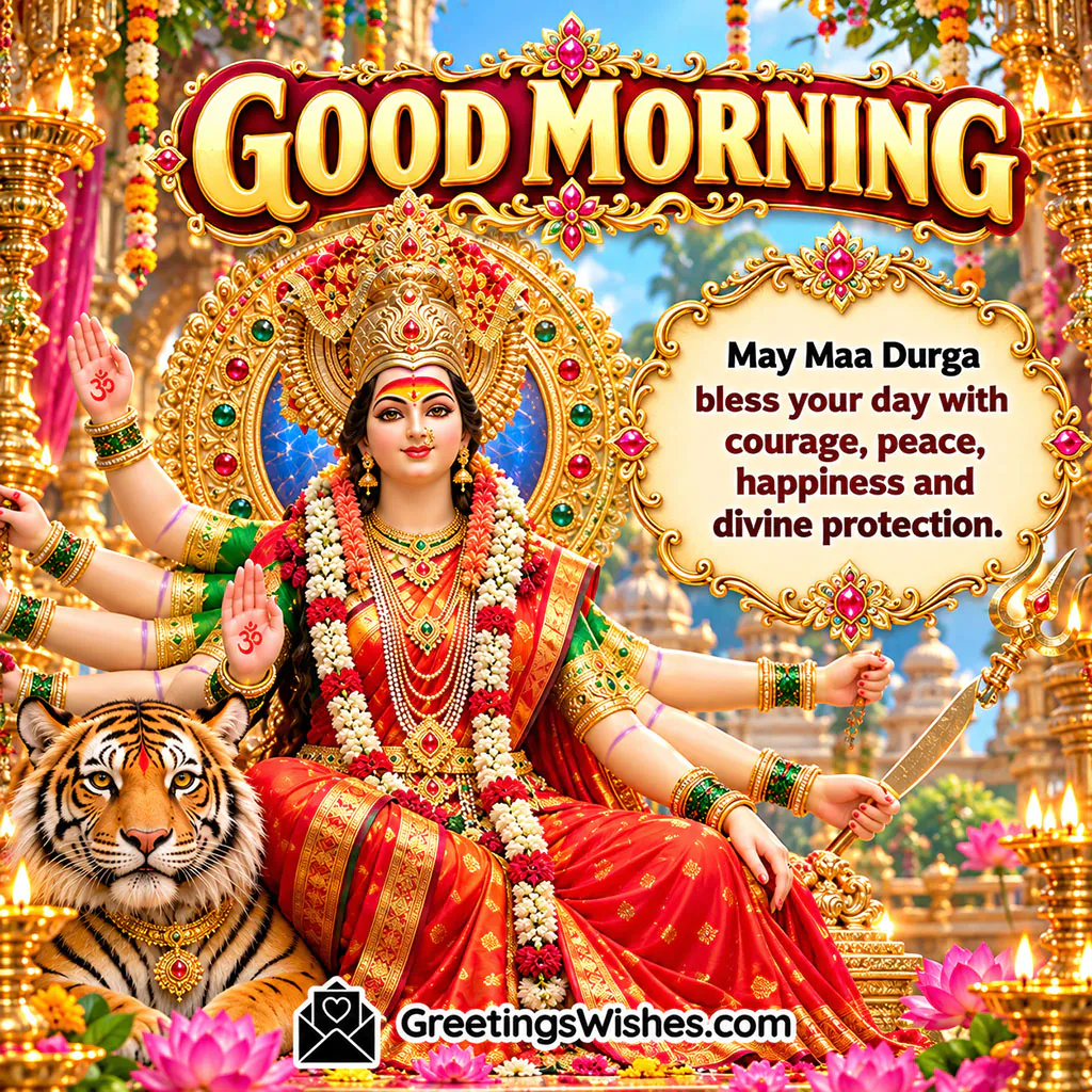 Good Morning Maa Durga Blessings Pic featuring Goddess Durga with a tiger, golden temple decorations and wishes for courage, peace, happiness and divine protection.