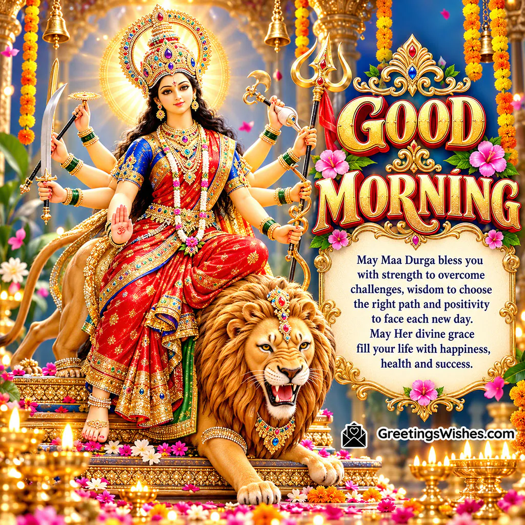 Good Morning Maa Durga Blessings featuring Goddess Durga seated with a lion, golden temple decorations and wishes for strength, wisdom, happiness, health and success.