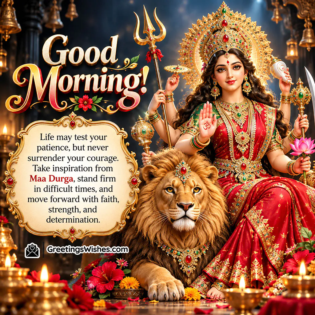 Good Morning Maa Durga Courage Quote Image featuring the goddess seated beside a lion with a golden crown and a motivational message about patience, faith, strength and determination.