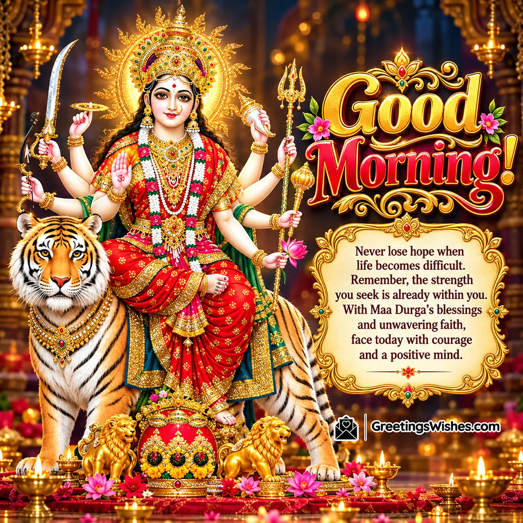 Good Morning Maa Durga Courage Wishes Image featuring Goddess Durga riding a tiger in a richly decorated temple, symbolising hope, inner strength, faith and courage during difficult times.