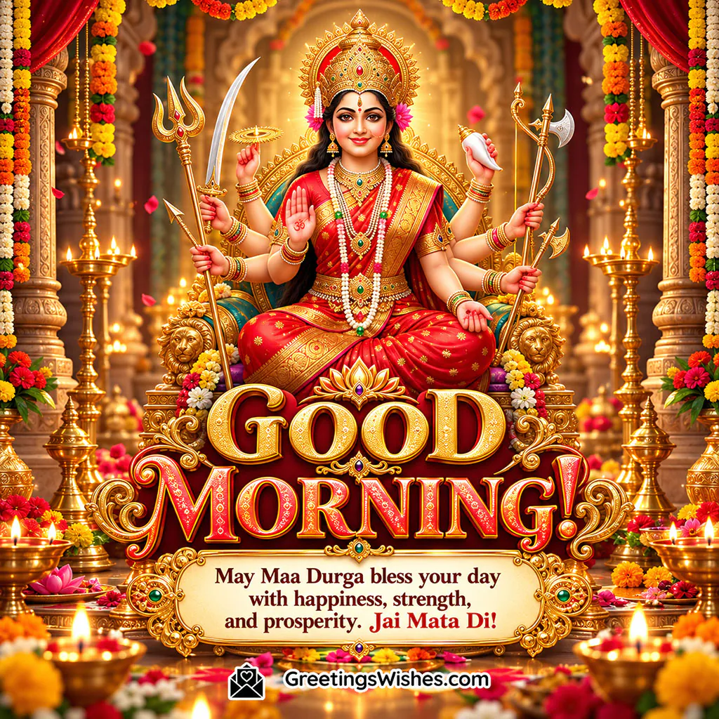 Good Morning Maa Durga Divine Blessings Image featuring Goddess Durga on a golden throne, multiple arms, sacred weapons and a message for happiness, strength and prosperity.
