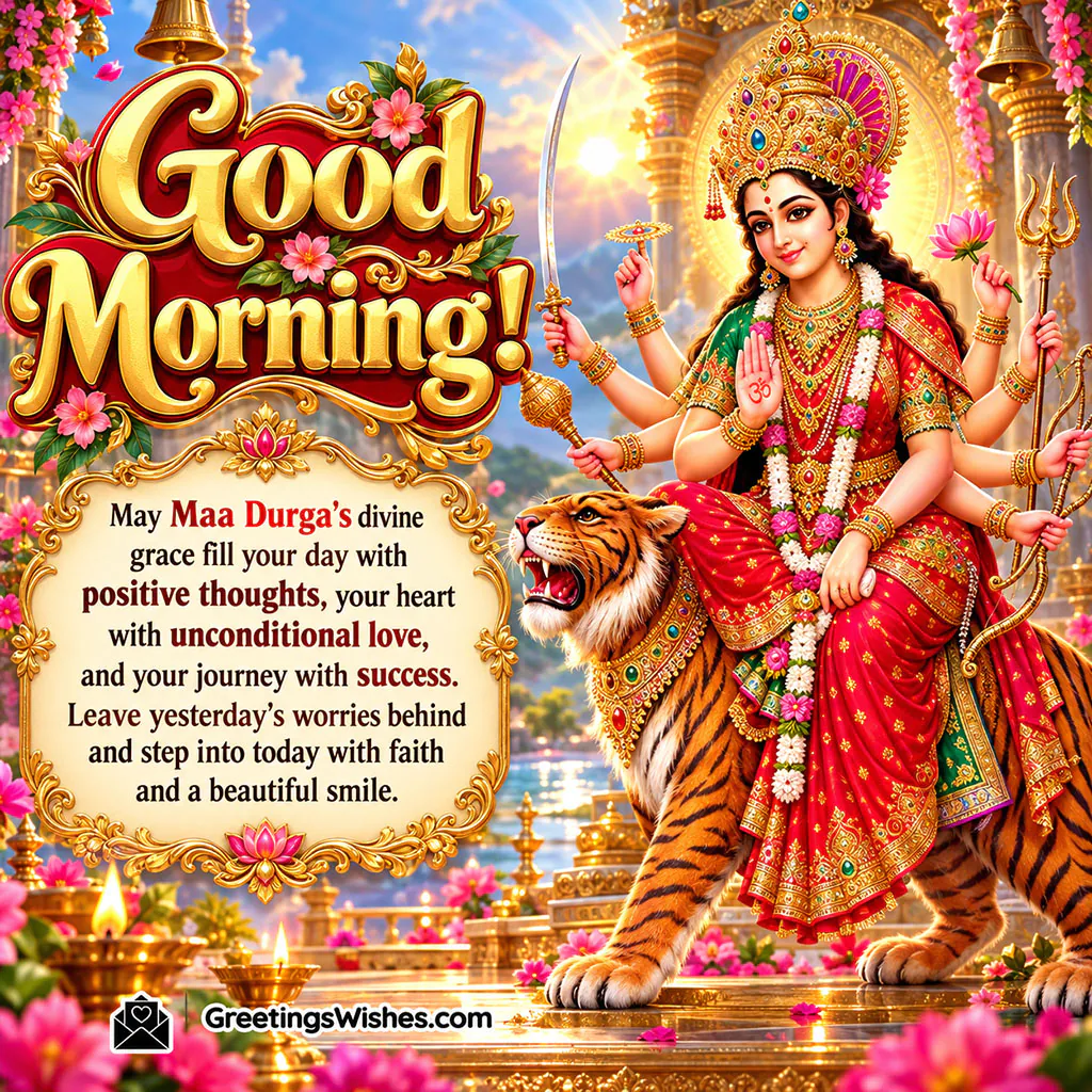 featuring Goddess Durga riding a tiger, colourful flowers and golden temple decorations, symbolising divine love, positive thoughts, faith and success.