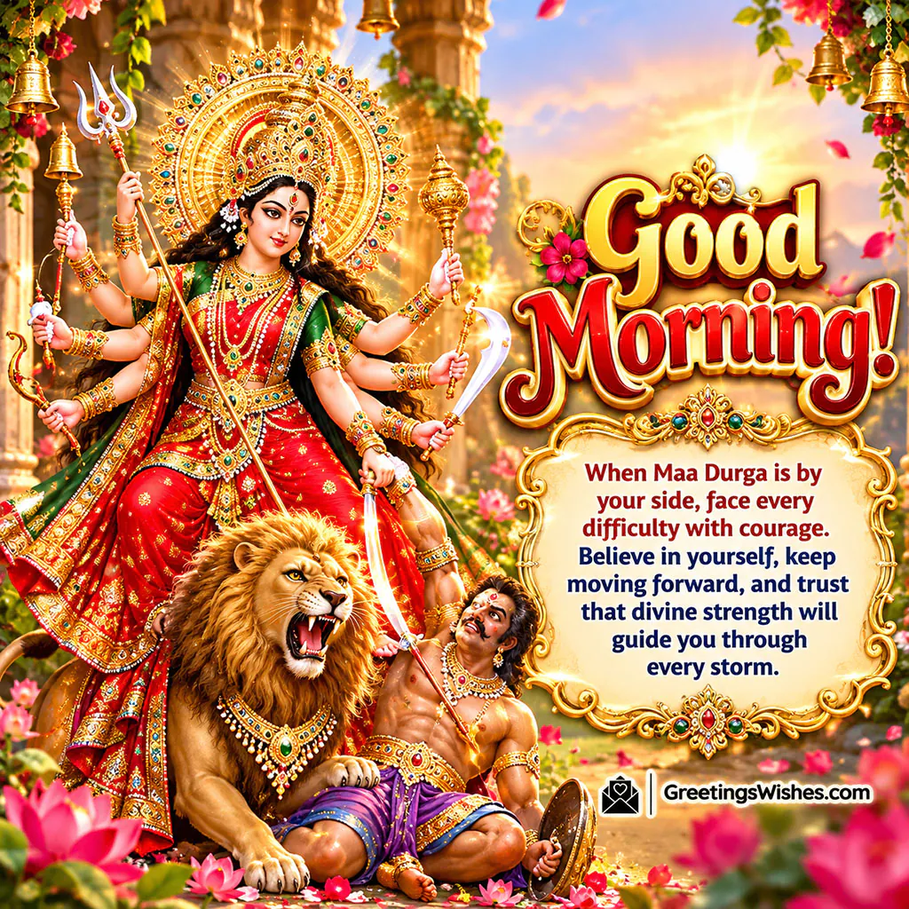 Good Morning Maa Durga Divine Strength Image showing Goddess Durga with a lion and Mahishasura, surrounded by flowers and golden decorations, symbolising courage, divine protection and victory over challenges.