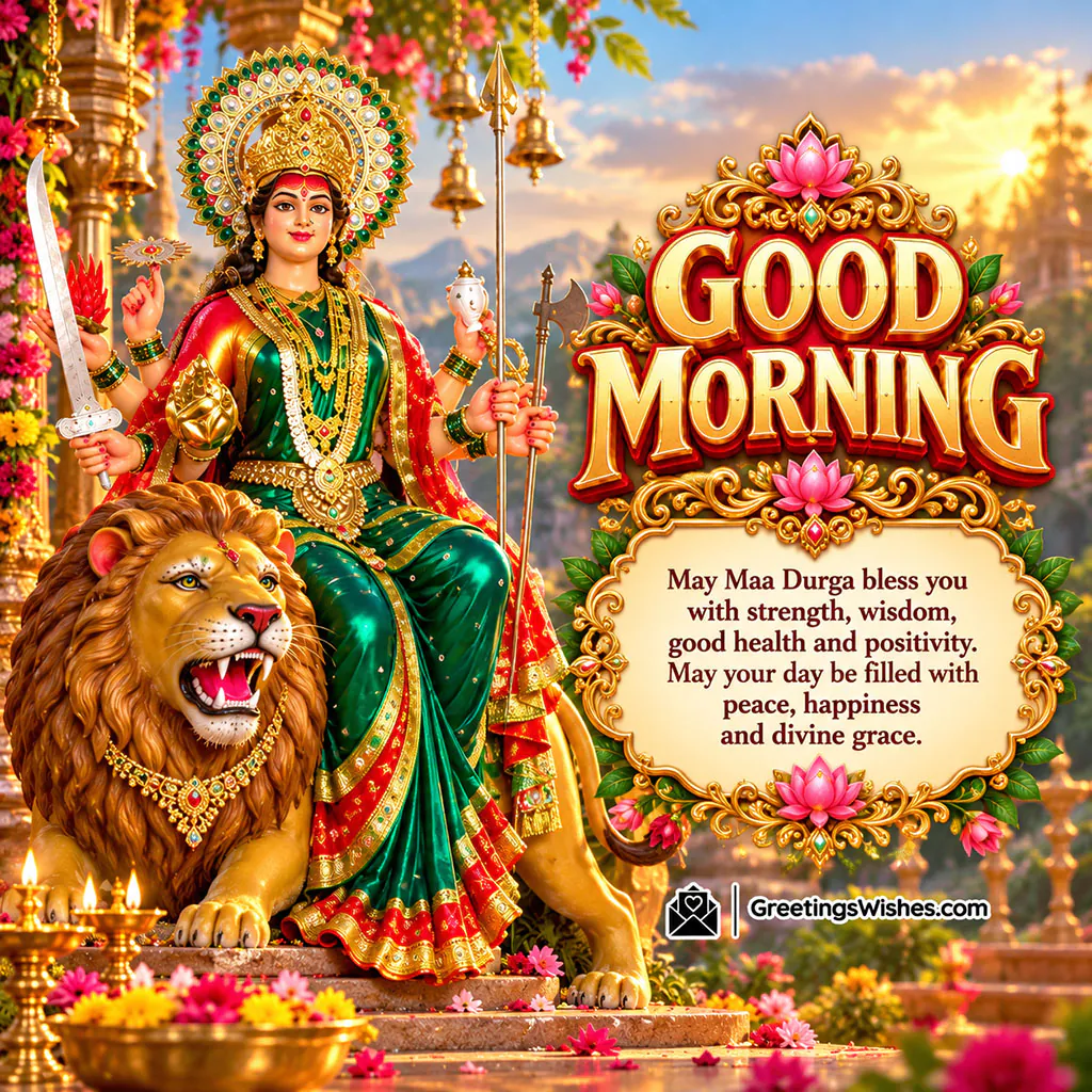 Good Morning Maa Durga Health and Happiness Image featuring the goddess in a green and red saree with a lion, lotus flowers and blessings for wisdom, good health, peace and happiness.