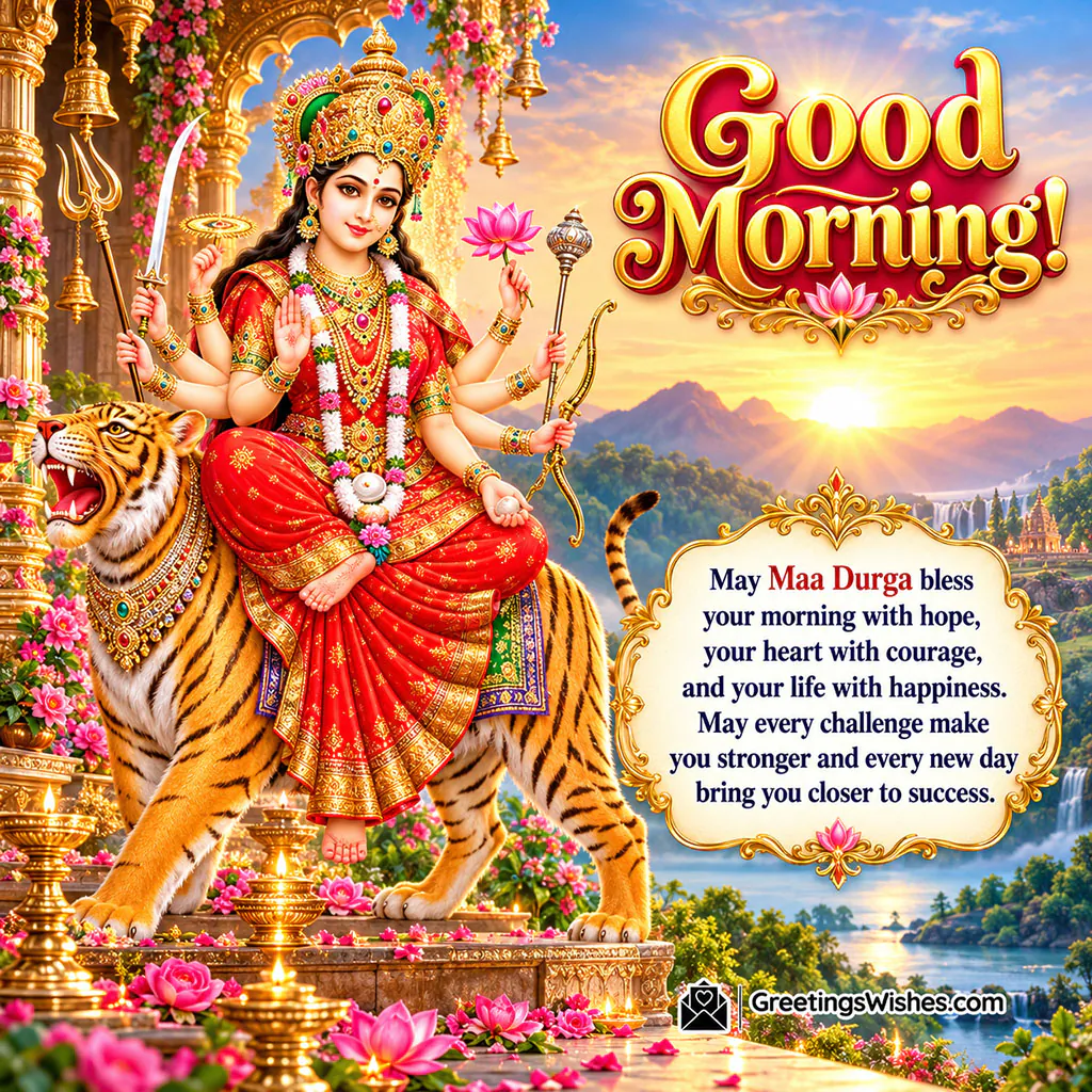 showing Goddess Durga riding a tiger against a sunrise mountain landscape, with wishes for hope, courage, happiness and success.
