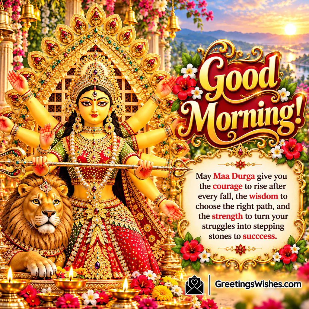 Good Morning Maa Durga Motivational Quote Image showing the goddess with a lion, golden crown and sacred weapons, symbolising courage, wisdom, perseverance and success.