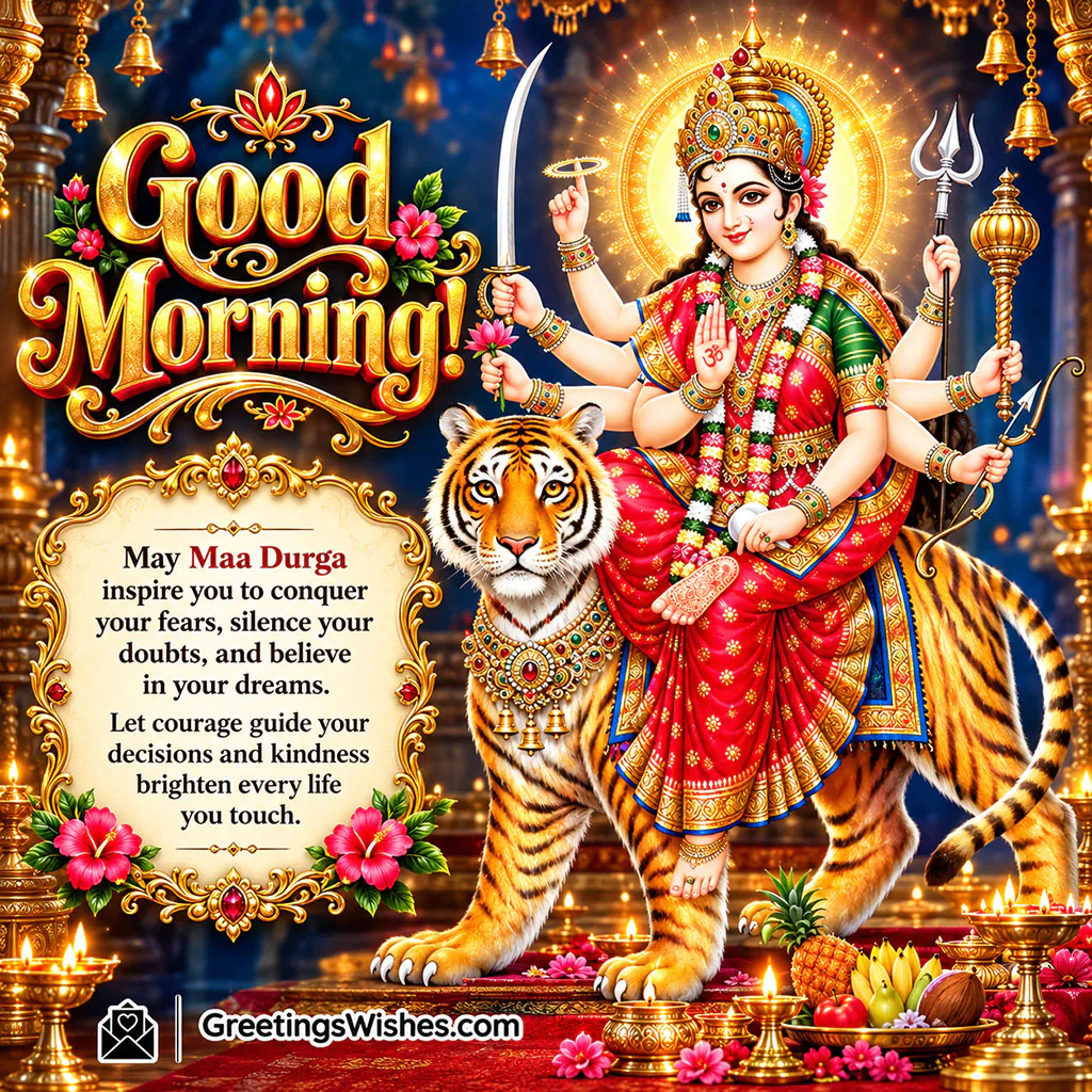 Good Morning Maa Durga Motivational Wishes Image showing Goddess Durga riding a tiger amid glowing diyas and golden temple decorations, symbolising courage, confidence, kindness and success.
