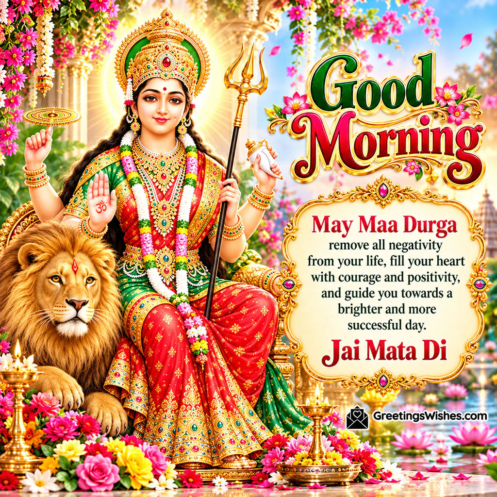 Good Morning Maa Durga Positive Wishes Image showing Goddess Durga in a red and green saree with a lion, lotus flowers and blessings to remove negativity and inspire courage and positivity.