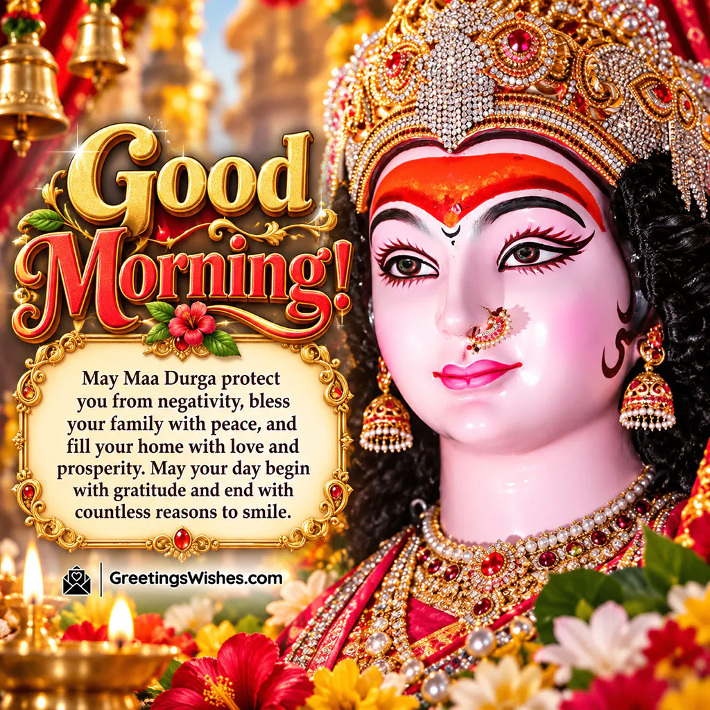 Good Morning Maa Durga Protection Wishes Image featuring a close-up of the goddess with a jewelled crown, red flowers and blessings for family peace, love and prosperity.