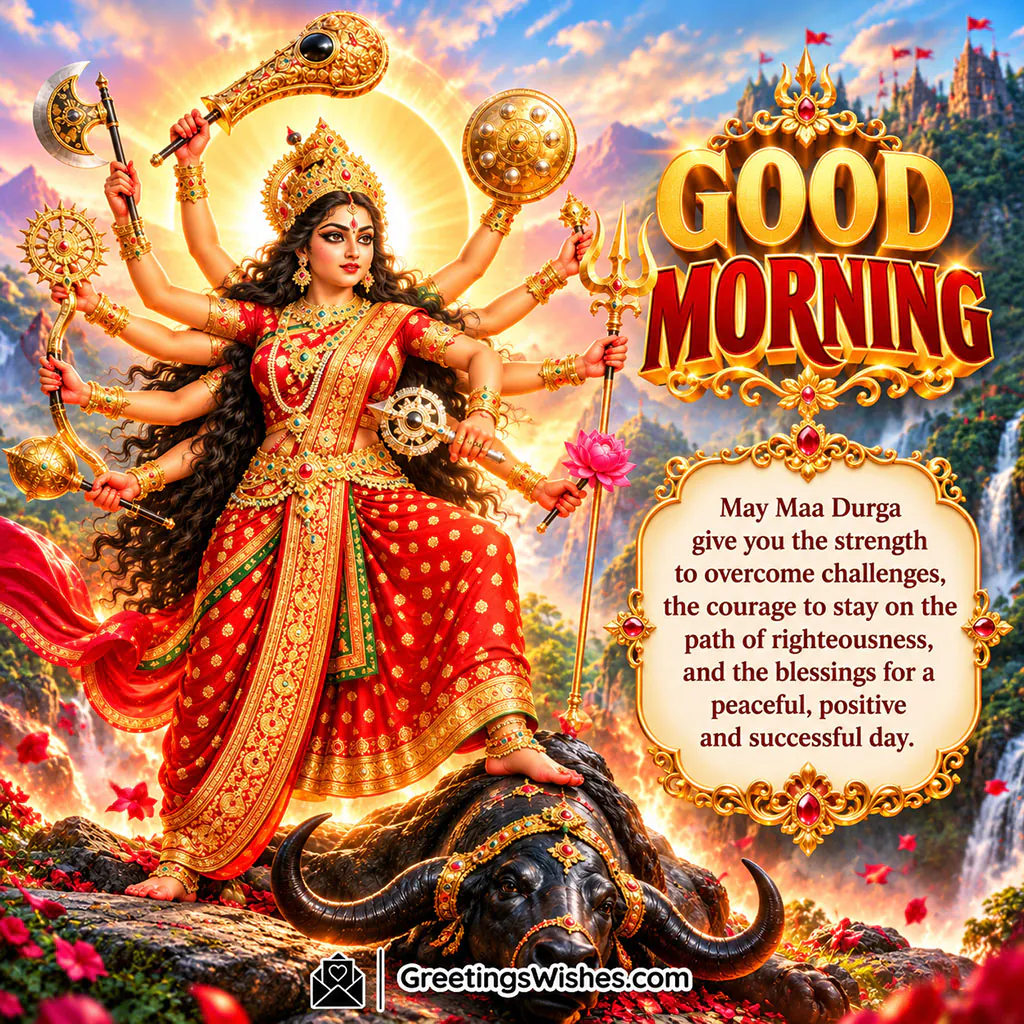 Good Morning Maa Durga Strength Wishes Image showing Goddess Durga with multiple arms and divine weapons standing on Mahishasura, symbolising courage, righteousness, protection and victory over evil.