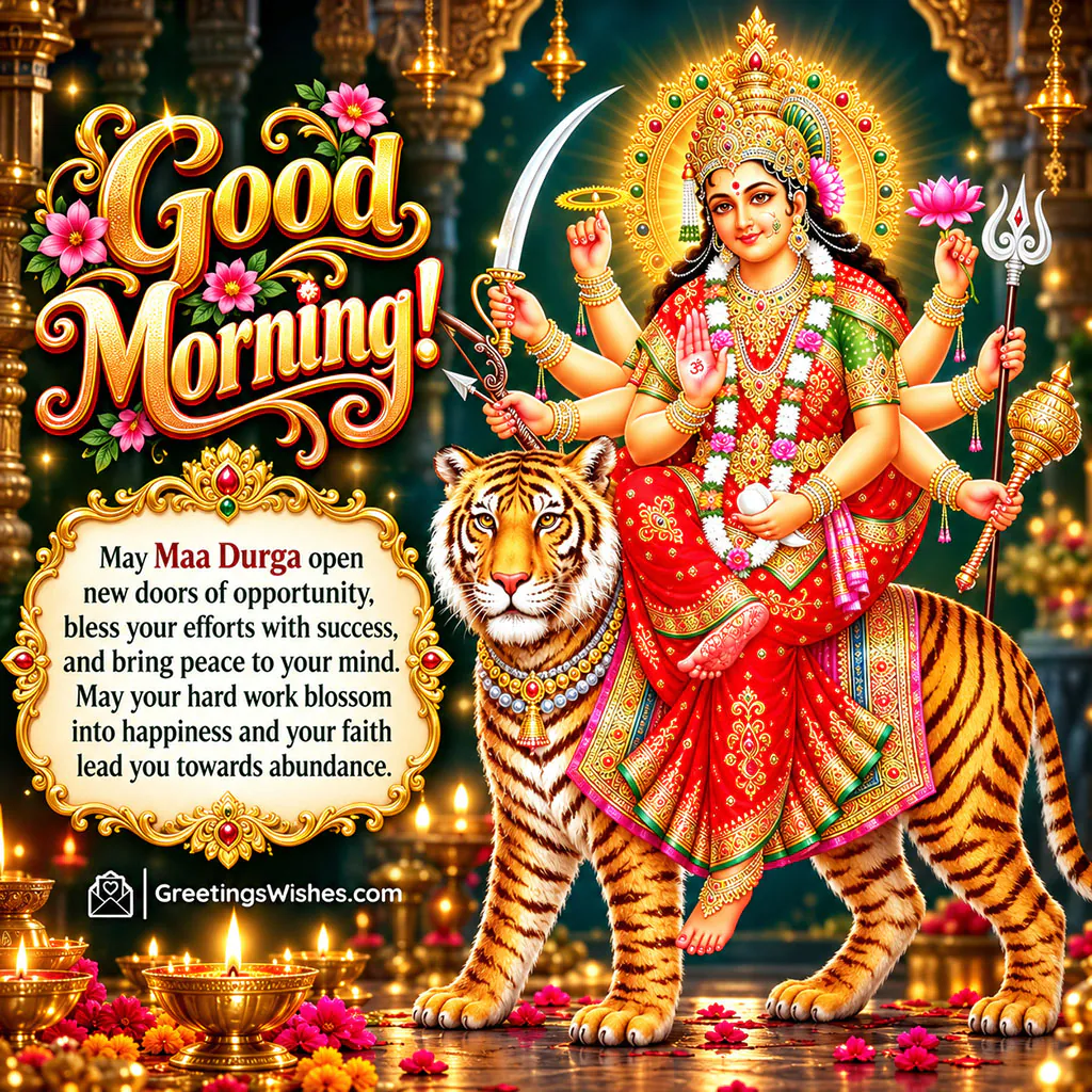 Good Morning Maa Durga Success Wishes Image showing Goddess Durga riding a tiger, holding sacred weapons and blessing devotees with opportunity, success, peace and abundance.