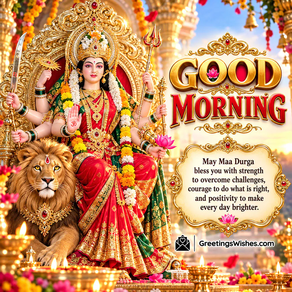 Good Morning Maa Durga Wishes Image featuring Goddess Durga with a lion, golden crown and divine blessings for courage, strength and positivity.